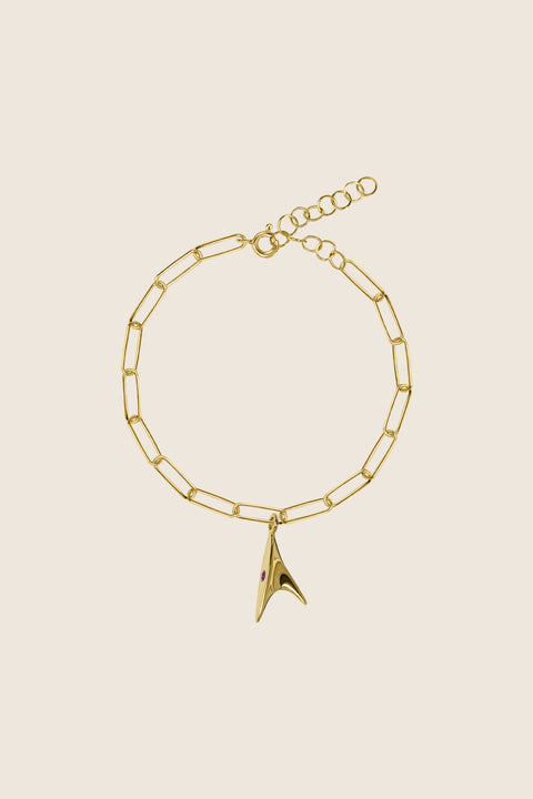 This minimalist chain bracelet from UMIAR’s PROFONDO ROSSO collection features an elegant pendant inspired by the thorn of a rose. Subtly set with a natural ruby (2 mm, 0.05 ct), it carries a distinctive and refined character. Handcrafted from precious materials — 925 sterling silver and 925 silver plated with 24-carat gold.