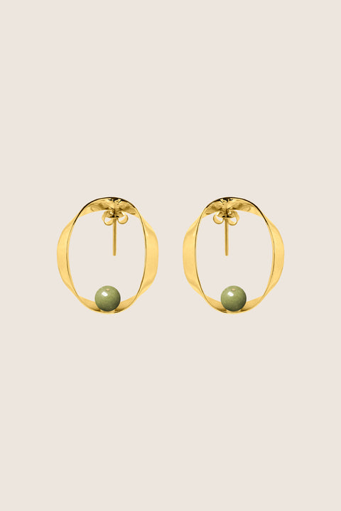 UMIAR jewellery FEMINA stud earrings with natural matcha jasper. Minimal, sculptural design inspired by feminine intimacy and balance. Limited edition. Choose jewellery that celebrates her power.