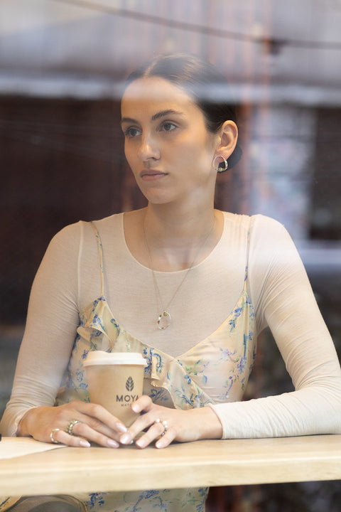 UMIAR jewellery FEMINA stud earrings with natural matcha jasper. Minimal, sculptural design inspired by feminine intimacy and balance. Limited edition. Choose jewellery that celebrates her power.