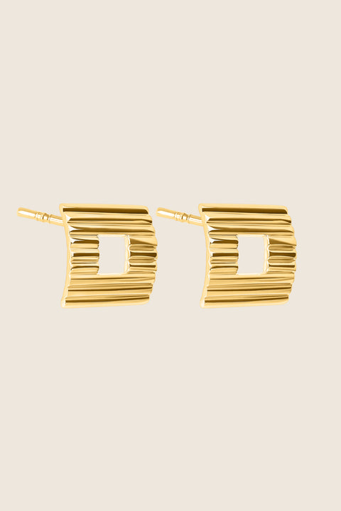 Large Square Earrings from UMIAR Jewelry – Elegant design with decorative ribbed lines and a playful "window" in the center. Handcrafted from 925 sterling silver or 24-karat gold plating. Perfect for power dressing and minimalist looks. Choose UMIAR Jewelry's square earrings to add unique character and timeless elegance to your outfits.