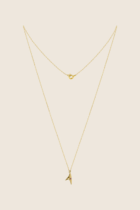 Discover our minimalist necklace featuring a pendant inspired by the delicate thorn of a rose — a subtle way to elevate your elegant style. The design is accented with a natural ruby (2 mm, 0.05 ct) for a refined touch of colour. Handcrafted entirely from precious materials: 925 sterling silver or 925 silver plated with 24-carat gold.