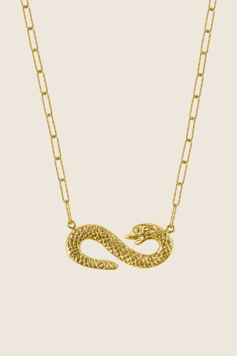 A distinctive necklace featuring a snake-shaped pendant forming the infinity symbol. With pendant dimensions of 15 x 39 mm, this design blends powerful symbolism with elegant craftsmanship. A meaningful and expressive accessory for everyday wear or special occasions. Discover symbolic elegance by UMIAR jewelry.