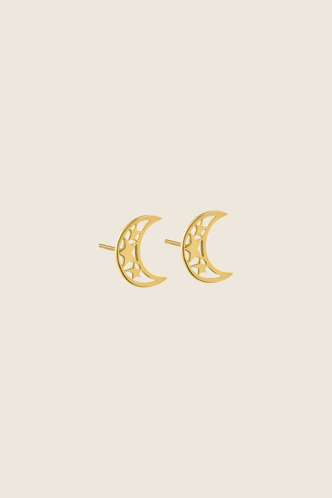 Moon-shaped stud earrings accented with star details combine vintage charm with a timeless astral motif. Measuring 17 × 14 mm, they can be worn vertically or horizontally for versatile styling. Elegant worn alone or layered with MUUN necklaces. Discover celestial elegance by UMIAR jewelry.