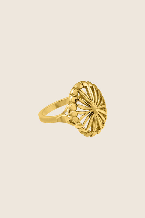 An elegant openwork ring inspired by vintage design, featuring concentric sun-ray lines and an oval decorative form. With basket dimensions of 20 × 13 mm, it enhances the hand beautifully and offers versatile styling across fingers. A refined statement with timeless charm. Discover radiant elegance by UMIAR jewelry.